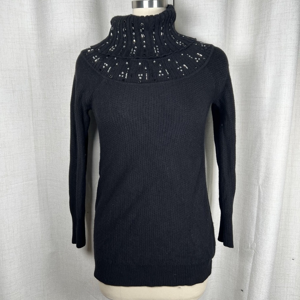 White House Black Market Wool Blend Turtleneck Sweater Black Jeweled Sz XS